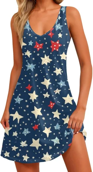 4th of July Dress Women Dressy Sleeveless Fashion Patriotic USA Flag Casual Independence Day Lounge Festival
