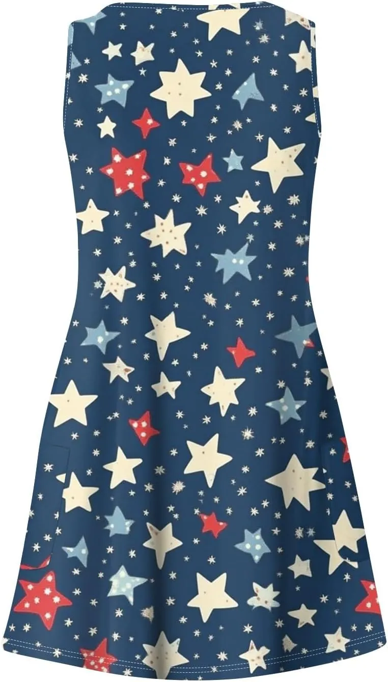 4th of July Dress Women Dressy Sleeveless Fashion Patriotic USA Flag Casual Independence Day Lounge Festival