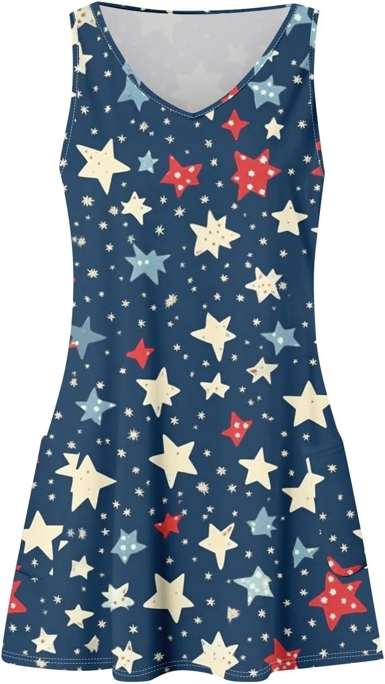 4th of July Dress Women Dressy Sleeveless Fashion Patriotic USA Flag Casual Independence Day Lounge Festival