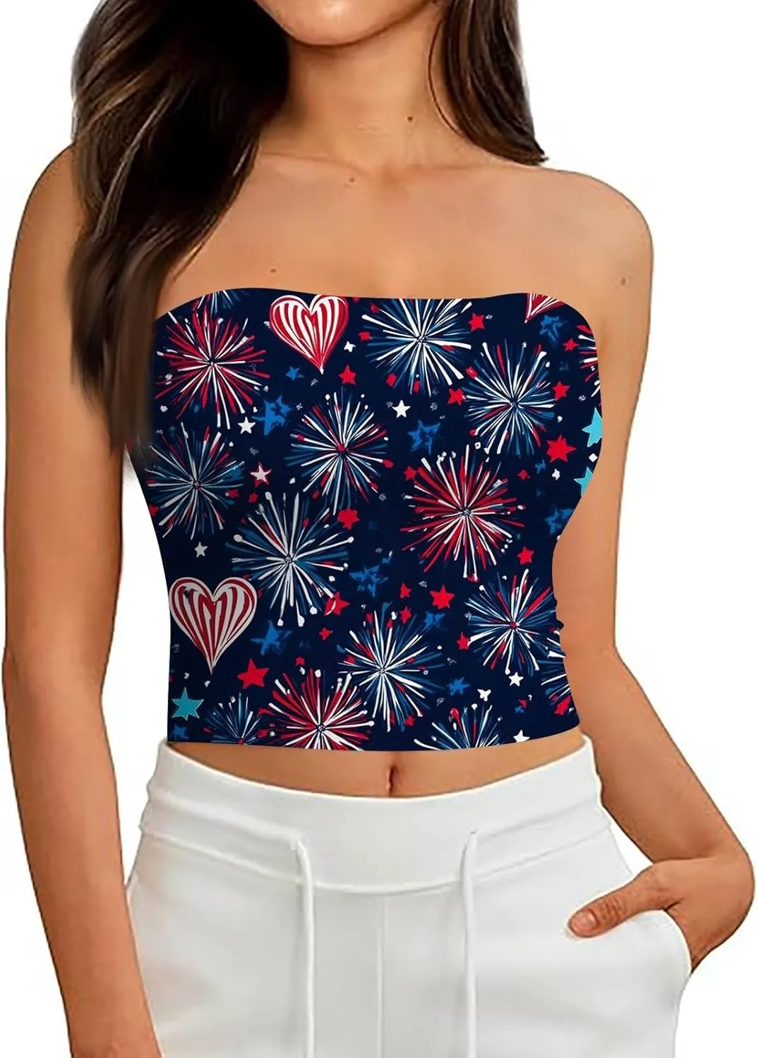 4th of July Tank Tops for Women American Flag Tube Top with Built in Bra Sexy Casual Backless Shirts