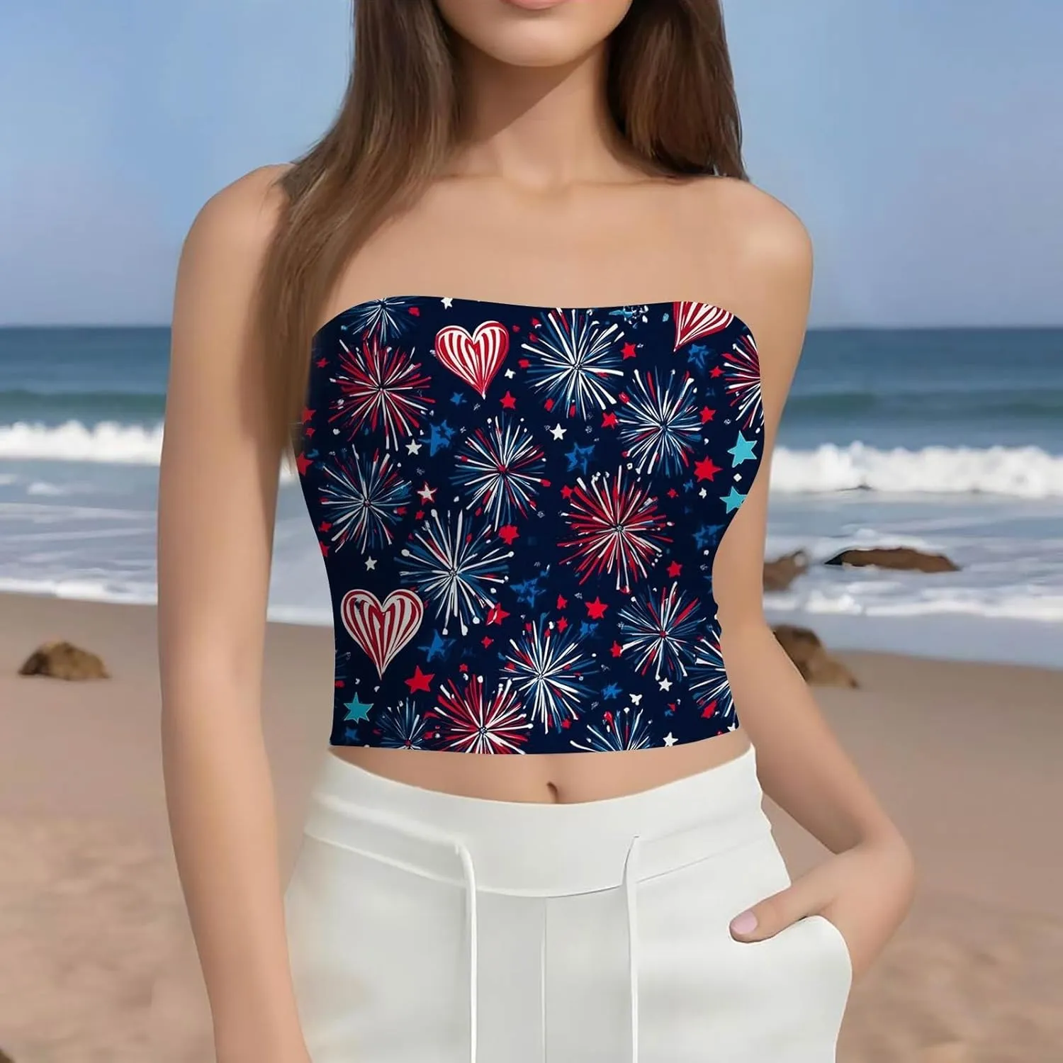 4th of July Tank Tops for Women American Flag Tube Top with Built in Bra Sexy Casual Backless Shirts