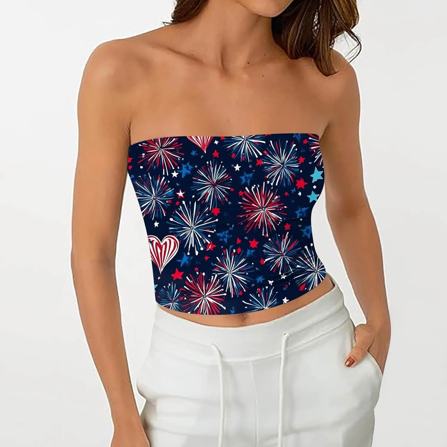 4th of July Tank Tops for Women American Flag Tube Top with Built in Bra Sexy Casual Backless Shirts