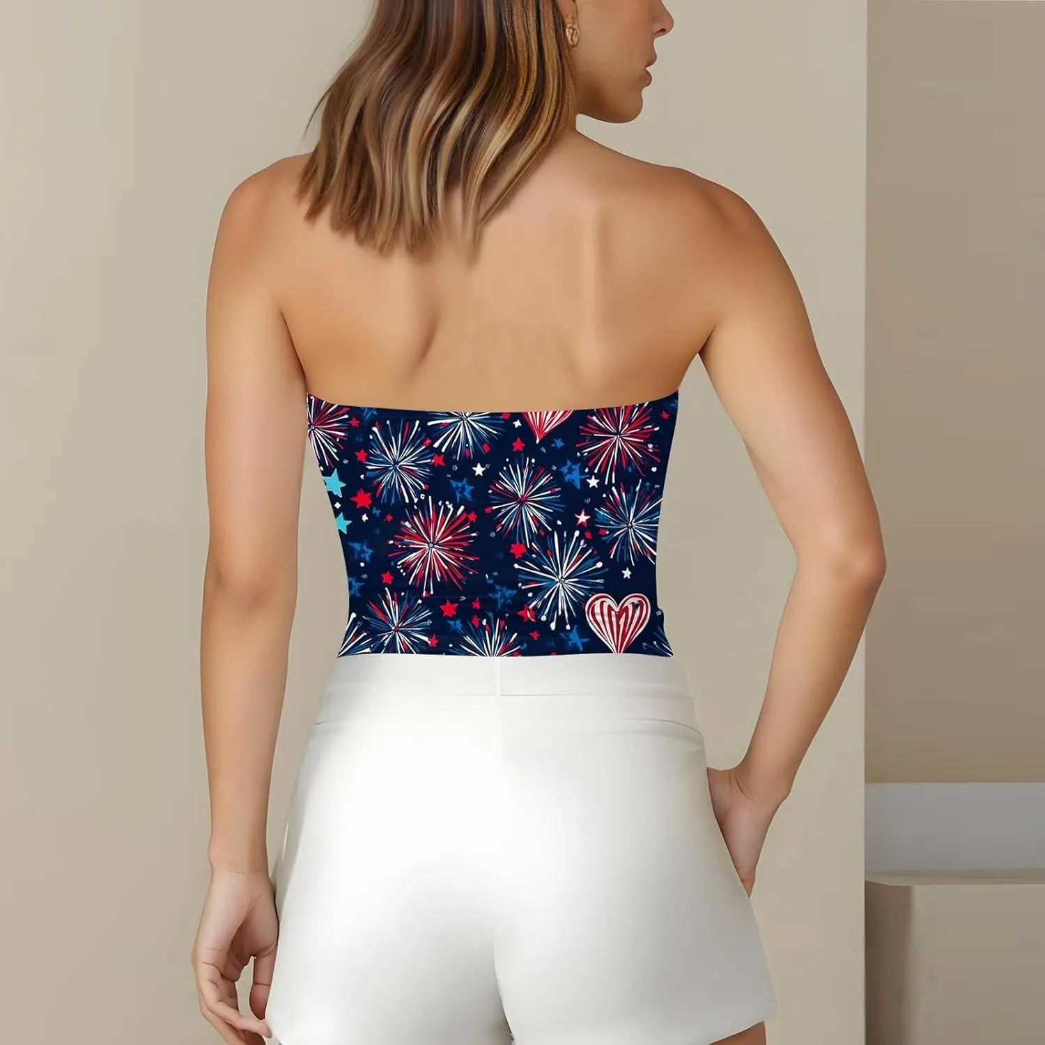 4th of July Tank Tops for Women American Flag Tube Top with Built in Bra Sexy Casual Backless Shirts