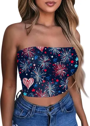 4th of July Tank Tops for Women American Flag Tube Top with Built in Bra Sexy Casual Backless Shirts