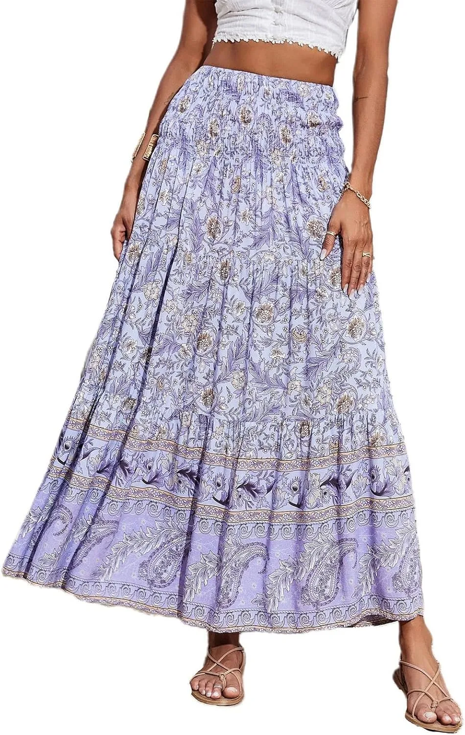 A Line Maxi Dress for Women Summer Drawstring Elastic High Waisted Skirts Elegant 3-Layer Tiered Ruched Long Skirt