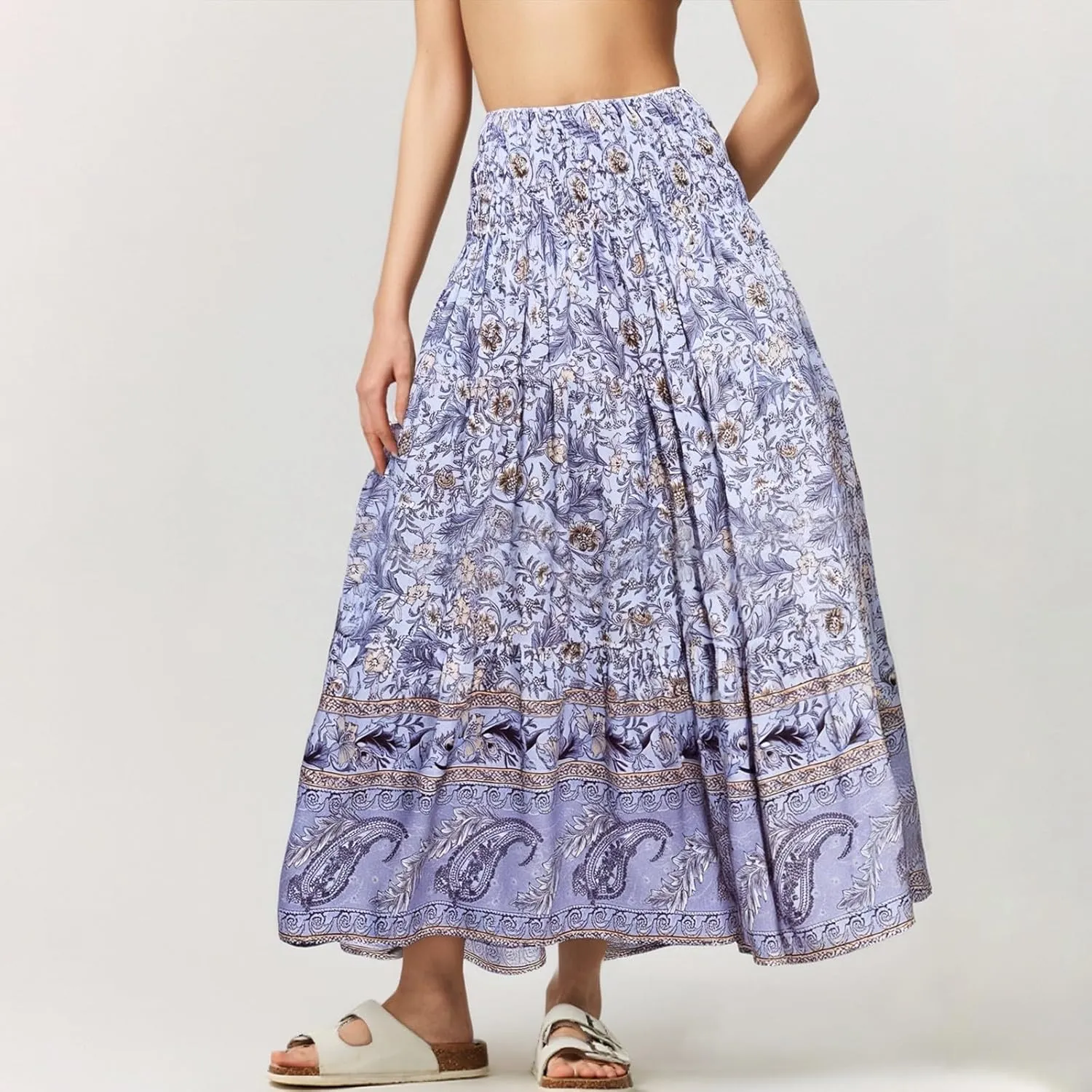 A Line Maxi Dress for Women Summer Drawstring Elastic High Waisted Skirts Elegant 3-Layer Tiered Ruched Long Skirt