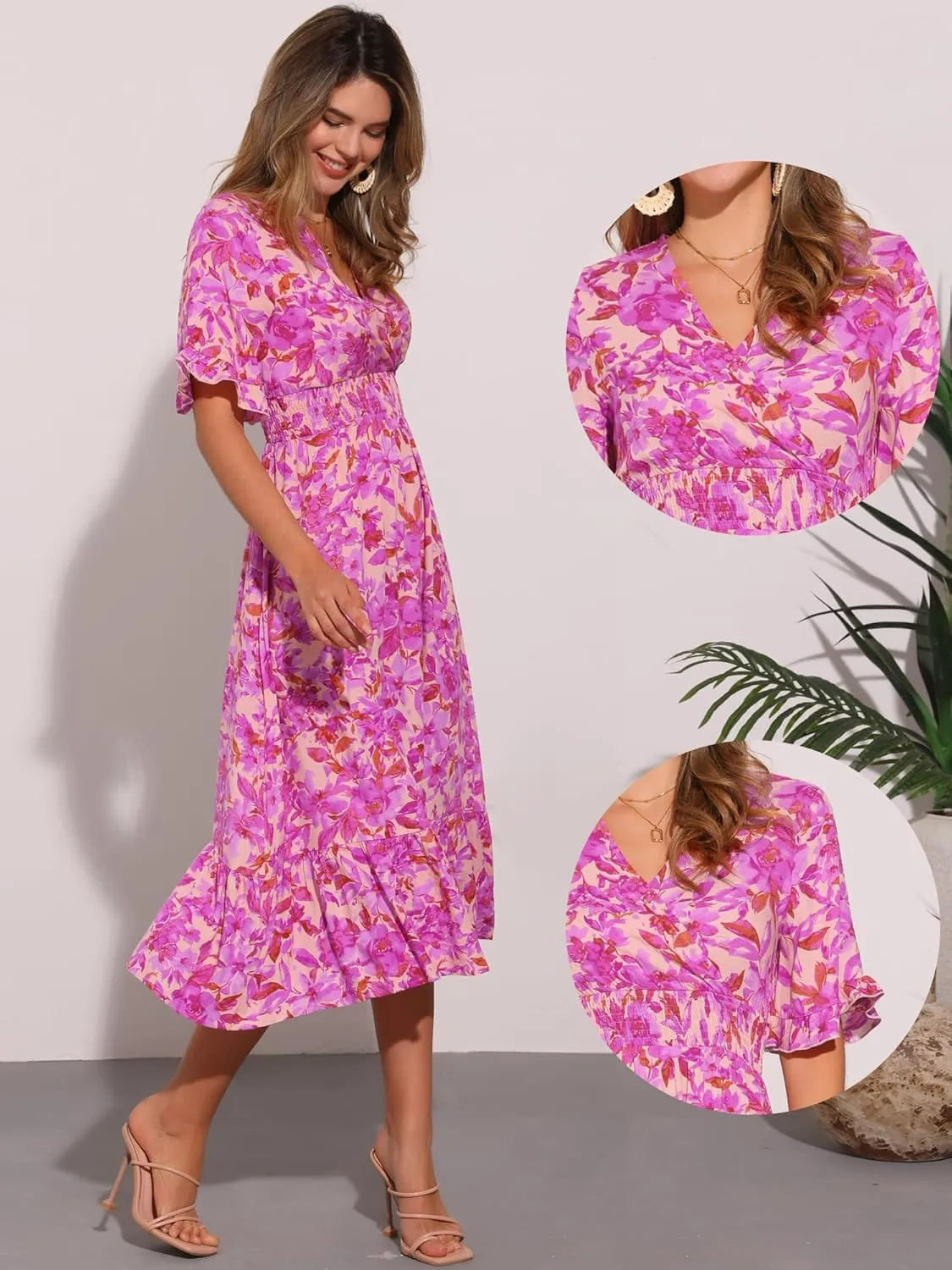 Allegra K Floral Dress for Women's 2025 Summer Casual Ruffled Hem Wrap Short Sleeve Easter Midi Dress