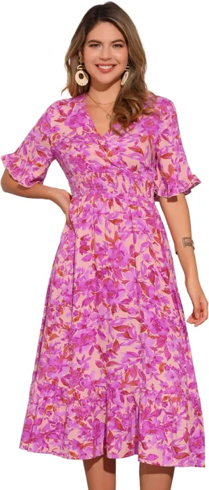 Allegra K Floral Dress for Women's 2025 Summer Casual Ruffled Hem Wrap Short Sleeve Easter Midi Dress