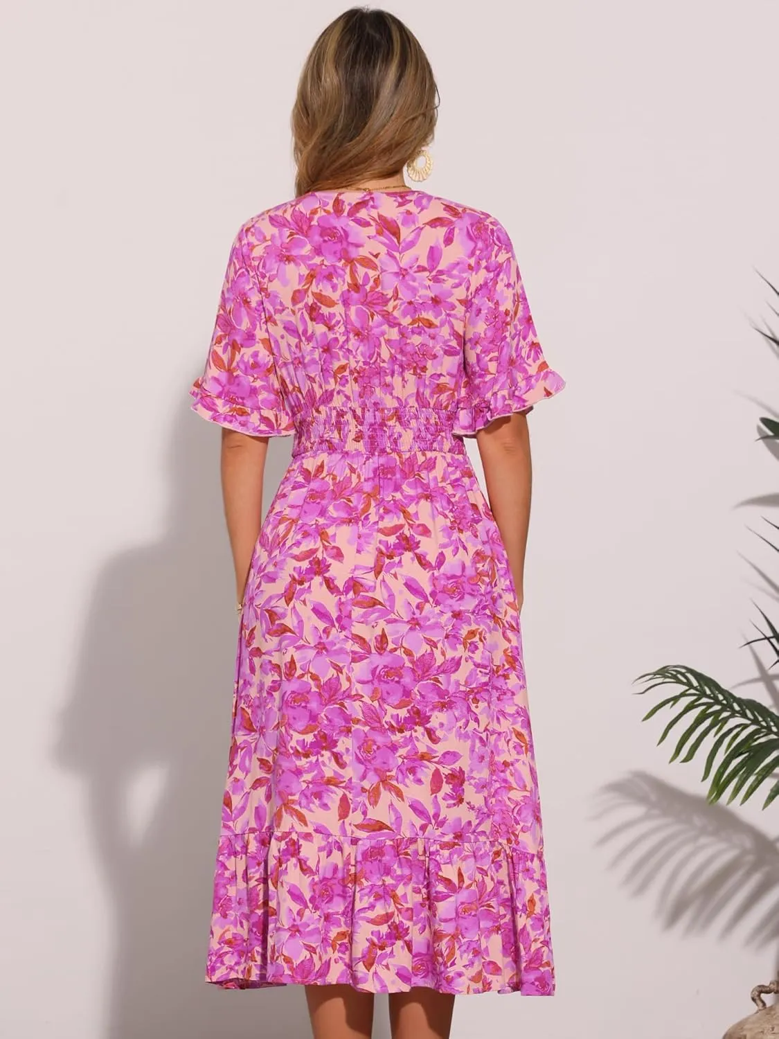 Allegra K Floral Dress for Women's 2025 Summer Casual Ruffled Hem Wrap Short Sleeve Easter Midi Dress