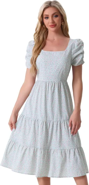Allegra K Women's Cottagecore Floral Dress Puff Sleeves Smocked Midi Dresses