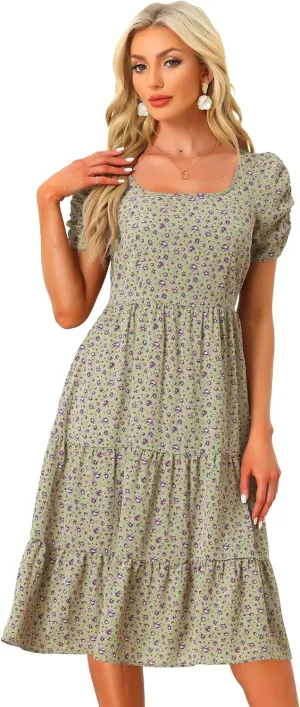 Allegra K Women's Cottagecore Floral Dress Puff Sleeves Smocked Midi Dresses