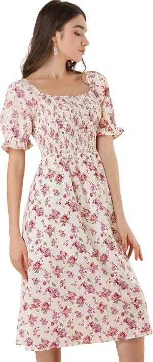 Allegra K Women's Cottagecore Floral Dress Puff Sleeves Smocked Midi Dresses