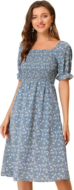 Allegra K Women's Cottagecore Floral Dress Puff Sleeves Smocked Midi Dresses