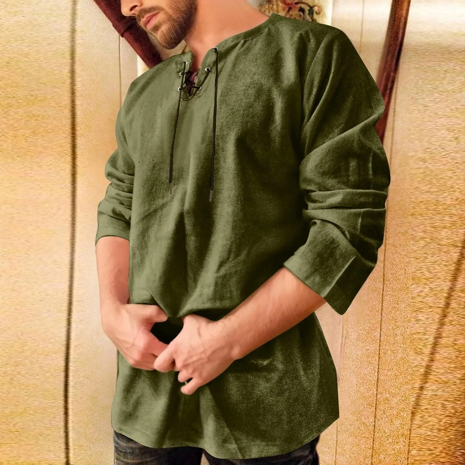 Aniywn Mens Cotton Linen Henley Shirts Boho Beach Summer Solid T Shirt Work Yoga Tops Men Summer Vintage Renaissance Costume