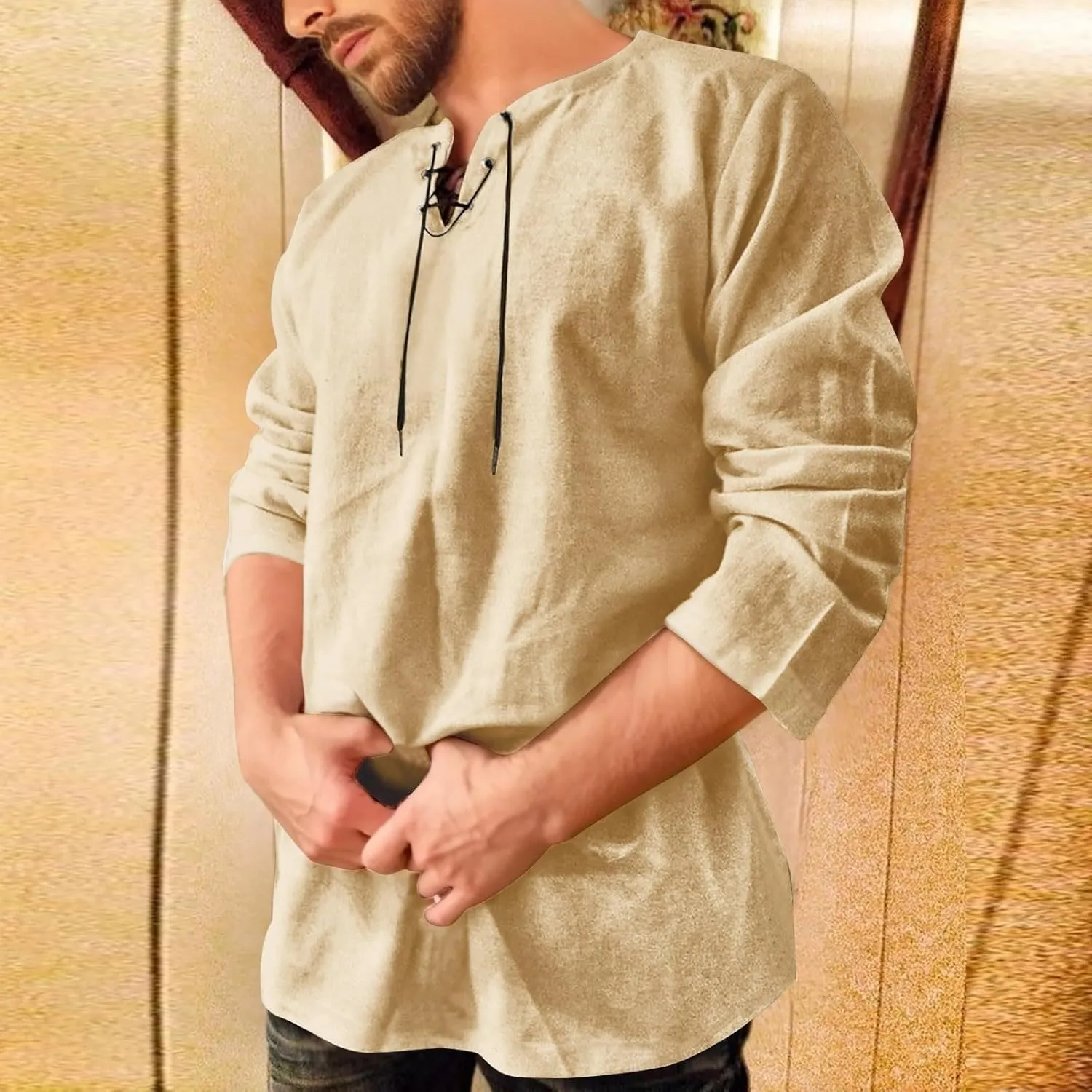 Aniywn Mens Cotton Linen Henley Shirts Boho Beach Summer Solid T Shirt Work Yoga Tops Men Summer Vintage Renaissance Costume