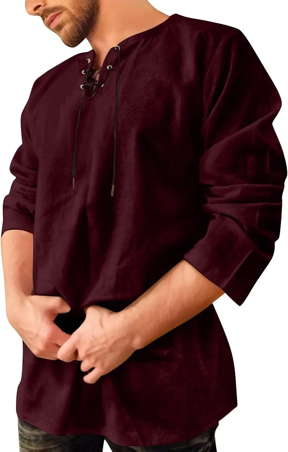 Aniywn Mens Cotton Linen Henley Shirts Boho Beach Summer Solid T Shirt Work Yoga Tops Men Summer Vintage Renaissance Costume