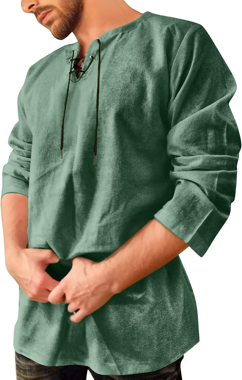 Aniywn Mens Cotton Linen Henley Shirts Boho Beach Summer Solid T Shirt Work Yoga Tops Men Summer Vintage Renaissance Costume
