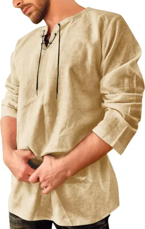 Aniywn Mens Cotton Linen Henley Shirts Boho Beach Summer Solid T Shirt Work Yoga Tops Men Summer Vintage Renaissance Costume