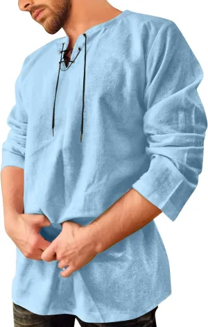 Aniywn Mens Cotton Linen Henley Shirts Boho Beach Summer Solid T Shirt Work Yoga Tops Men Summer Vintage Renaissance Costume