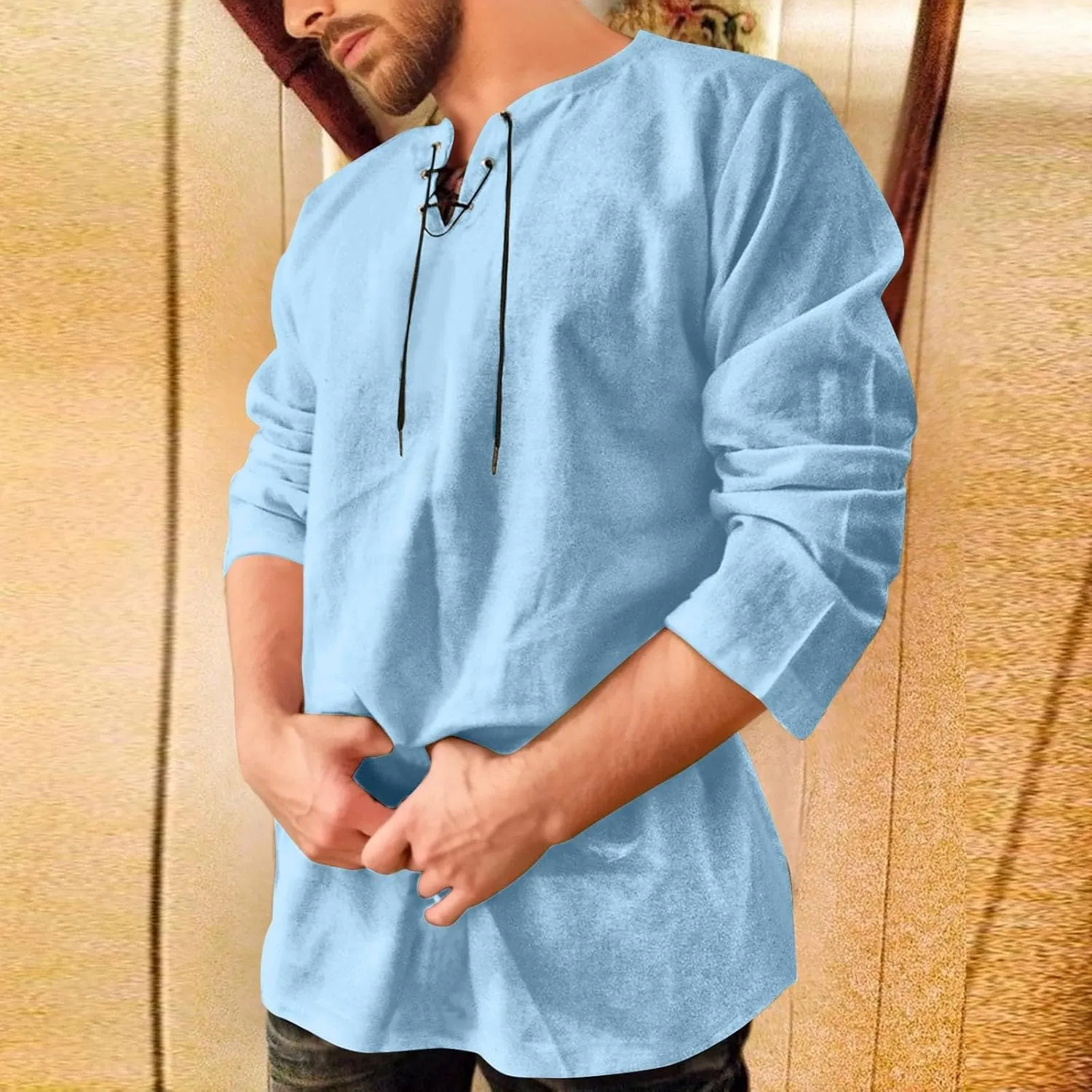 Aniywn Mens Cotton Linen Henley Shirts Boho Beach Summer Solid T Shirt Work Yoga Tops Men Summer Vintage Renaissance Costume