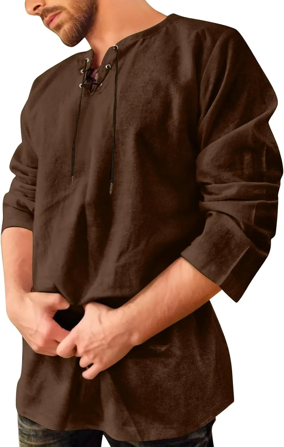Aniywn Mens Cotton Linen Henley Shirts Boho Beach Summer Solid T Shirt Work Yoga Tops Men Summer Vintage Renaissance Costume