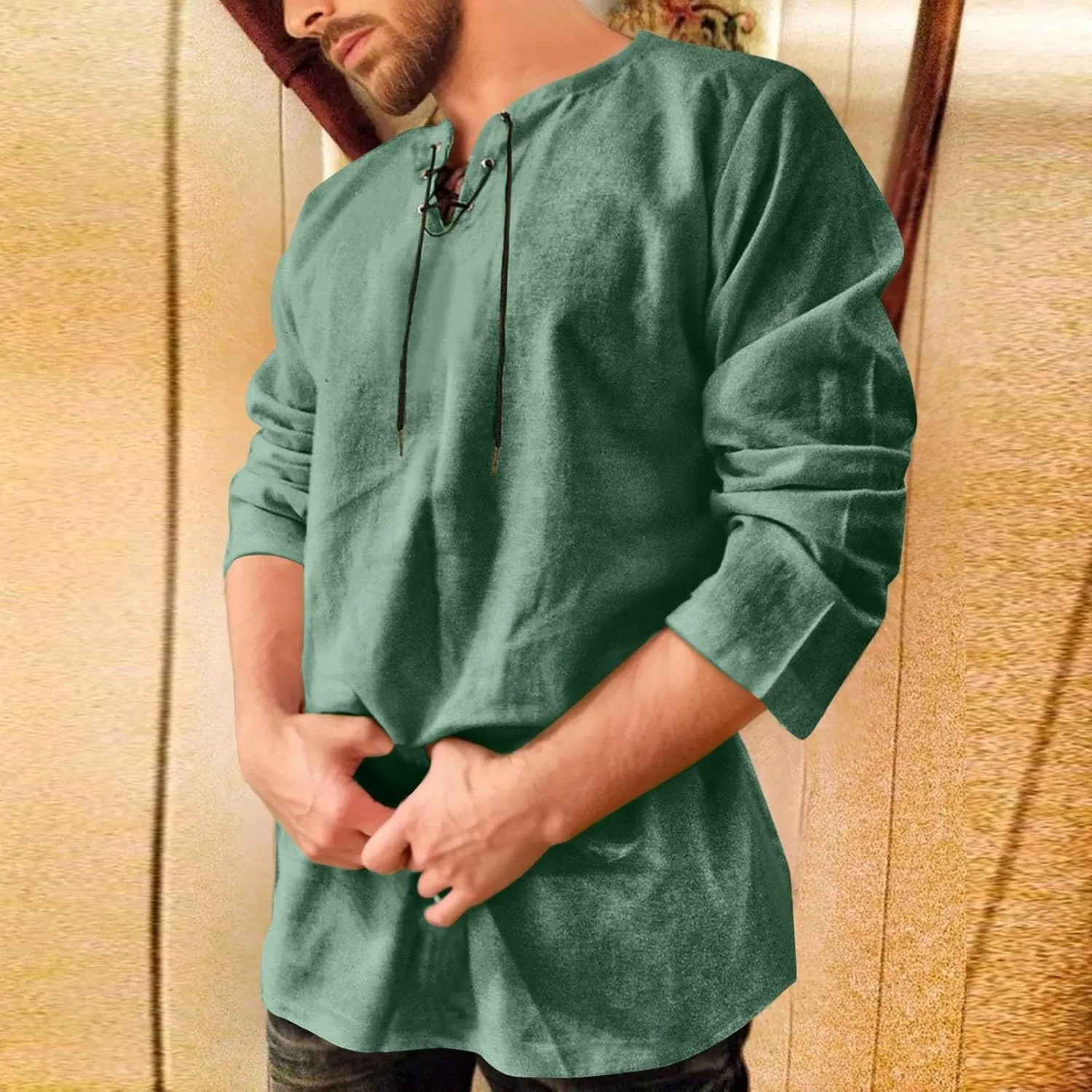 Aniywn Mens Cotton Linen Henley Shirts Boho Beach Summer Solid T Shirt Work Yoga Tops Men Summer Vintage Renaissance Costume