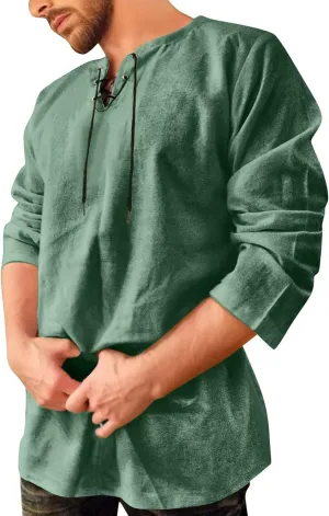 Aniywn Mens Cotton Linen Henley Shirts Boho Beach Summer Solid T Shirt Work Yoga Tops Men Summer Vintage Renaissance Costume