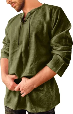 Aniywn Mens Cotton Linen Henley Shirts Boho Beach Summer Solid T Shirt Work Yoga Tops Men Summer Vintage Renaissance Costume