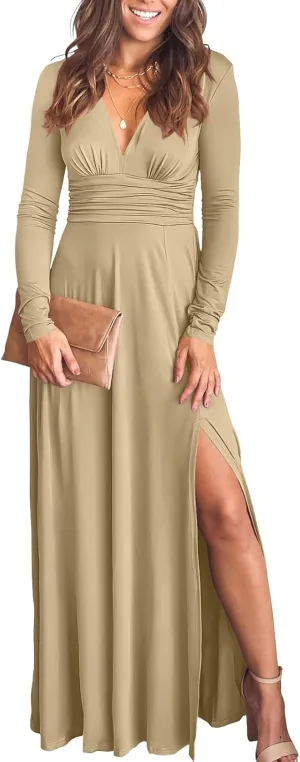 ANRABESS Women Deep V Neck Long Sleeve Slit 2025 Fall Elegant Formal Wedding Guest Cocktail Evening Date Prom Maxi Long Dress