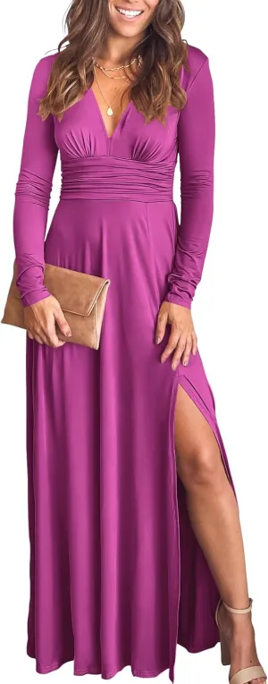 ANRABESS Women Deep V Neck Long Sleeve Slit 2025 Fall Elegant Formal Wedding Guest Cocktail Evening Date Prom Maxi Long Dress