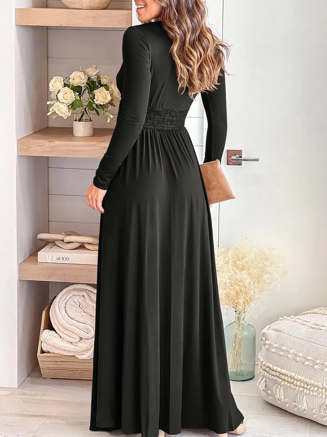 ANRABESS Women Deep V Neck Long Sleeve Slit 2025 Fall Elegant Formal Wedding Guest Cocktail Evening Date Prom Maxi Long Dress