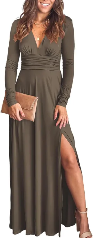 ANRABESS Women Deep V Neck Long Sleeve Slit 2025 Fall Elegant Formal Wedding Guest Cocktail Evening Date Prom Maxi Long Dress
