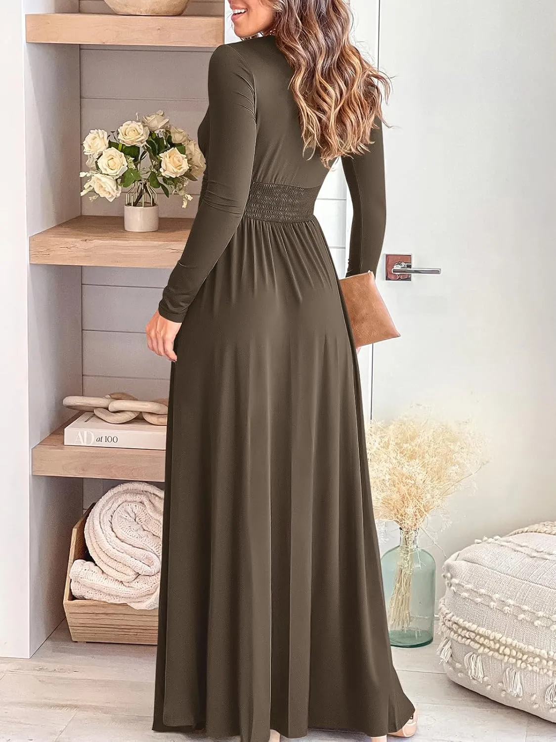 ANRABESS Women Deep V Neck Long Sleeve Slit 2025 Fall Elegant Formal Wedding Guest Cocktail Evening Date Prom Maxi Long Dress