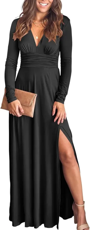 ANRABESS Women Deep V Neck Long Sleeve Slit 2025 Fall Elegant Formal Wedding Guest Cocktail Evening Date Prom Maxi Long Dress