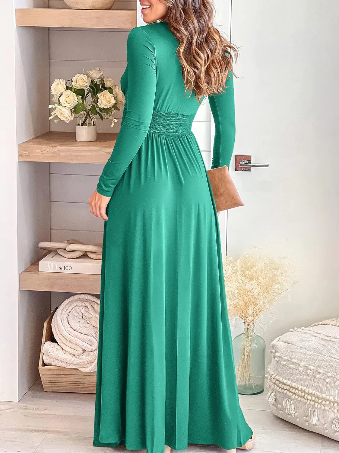 ANRABESS Women Deep V Neck Long Sleeve Slit 2025 Fall Elegant Formal Wedding Guest Cocktail Evening Date Prom Maxi Long Dress