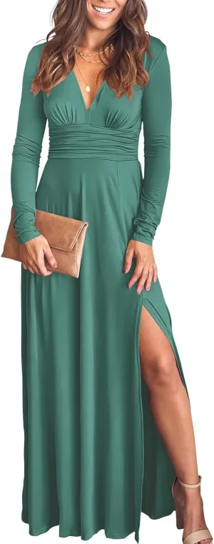ANRABESS Women Deep V Neck Long Sleeve Slit 2025 Fall Elegant Formal Wedding Guest Cocktail Evening Date Prom Maxi Long Dress