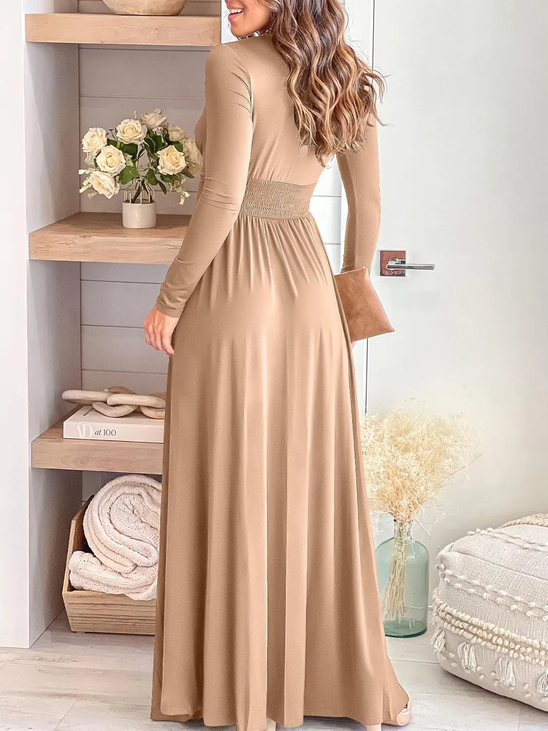 ANRABESS Women Deep V Neck Long Sleeve Slit 2025 Fall Elegant Formal Wedding Guest Cocktail Evening Date Prom Maxi Long Dress