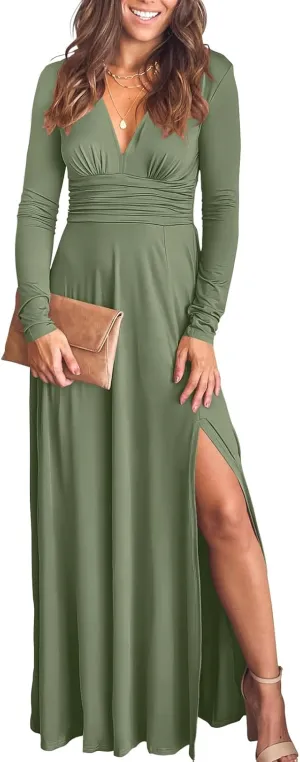 ANRABESS Women Deep V Neck Long Sleeve Slit 2025 Fall Elegant Formal Wedding Guest Cocktail Evening Date Prom Maxi Long Dress