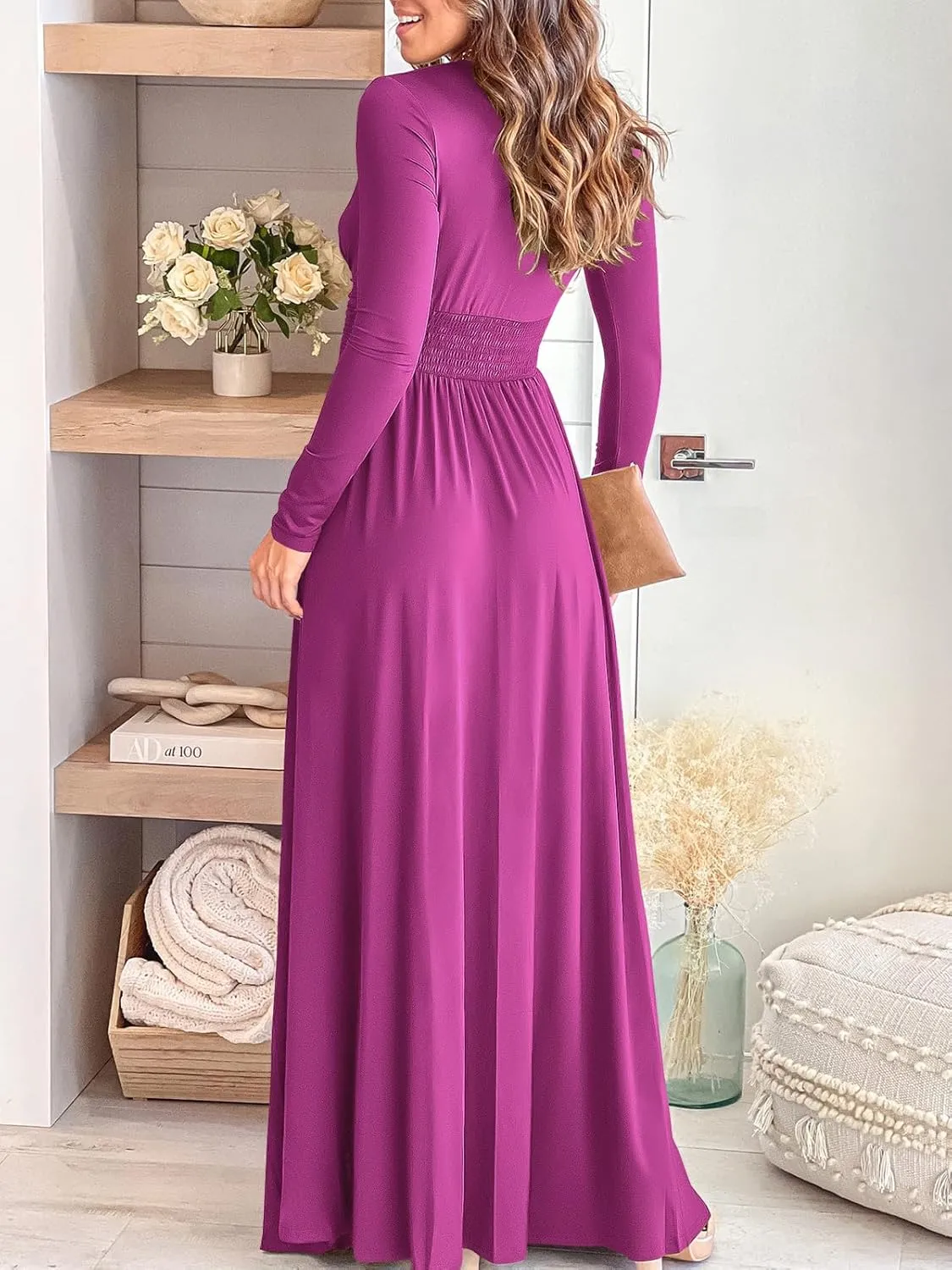 ANRABESS Women Deep V Neck Long Sleeve Slit 2025 Fall Elegant Formal Wedding Guest Cocktail Evening Date Prom Maxi Long Dress