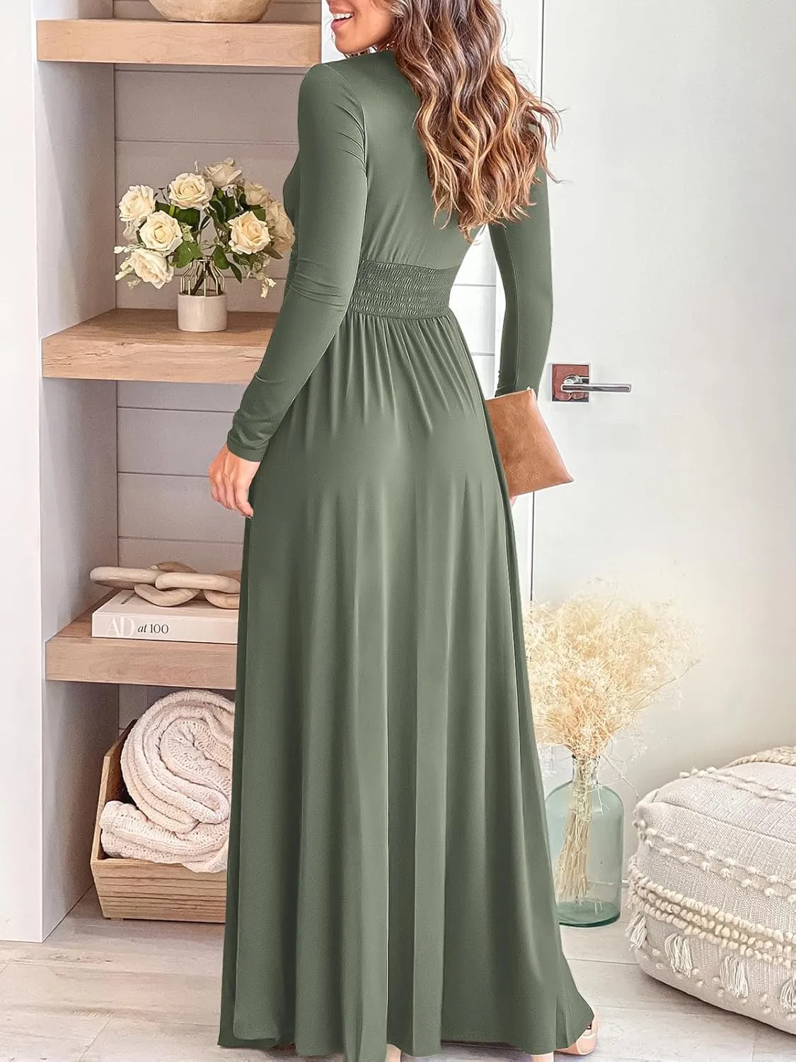 ANRABESS Women Deep V Neck Long Sleeve Slit 2025 Fall Elegant Formal Wedding Guest Cocktail Evening Date Prom Maxi Long Dress