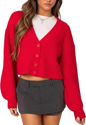Arssm Women Cropped Cardigan Sweaters Long Sleeve V Neck Ribbed Knit Short Cardigan Button Up Sweater Tops