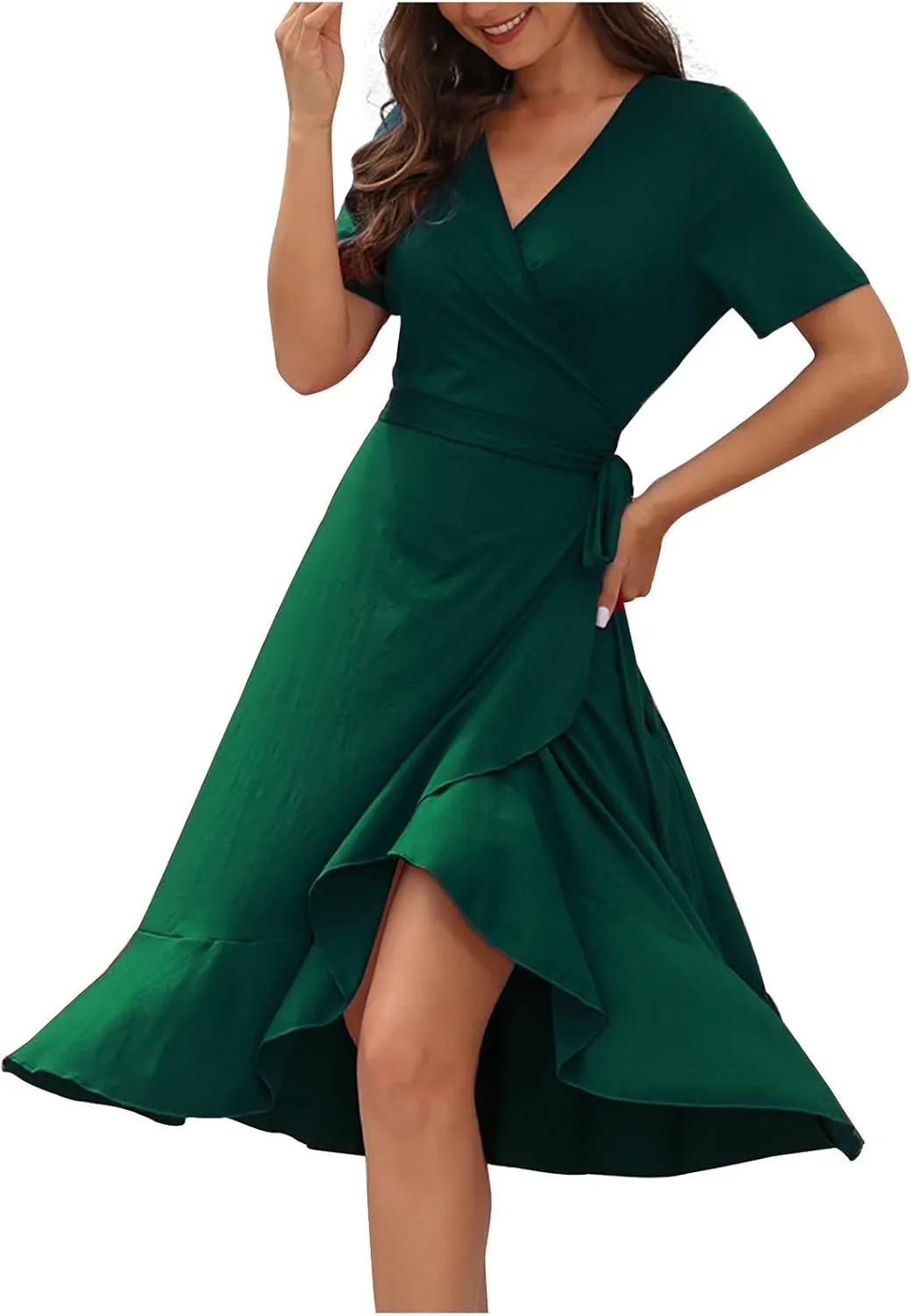 Aymnlox Summer Dresses for Women 2023 Trendy Short Sleeve Wrap V Neck Tie Waist Elegant Sexy Ruffle Solid Prom Midi Dress