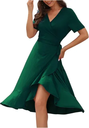 Aymnlox Summer Dresses for Women 2023 Trendy Short Sleeve Wrap V Neck Tie Waist Elegant Sexy Ruffle Solid Prom Midi Dress