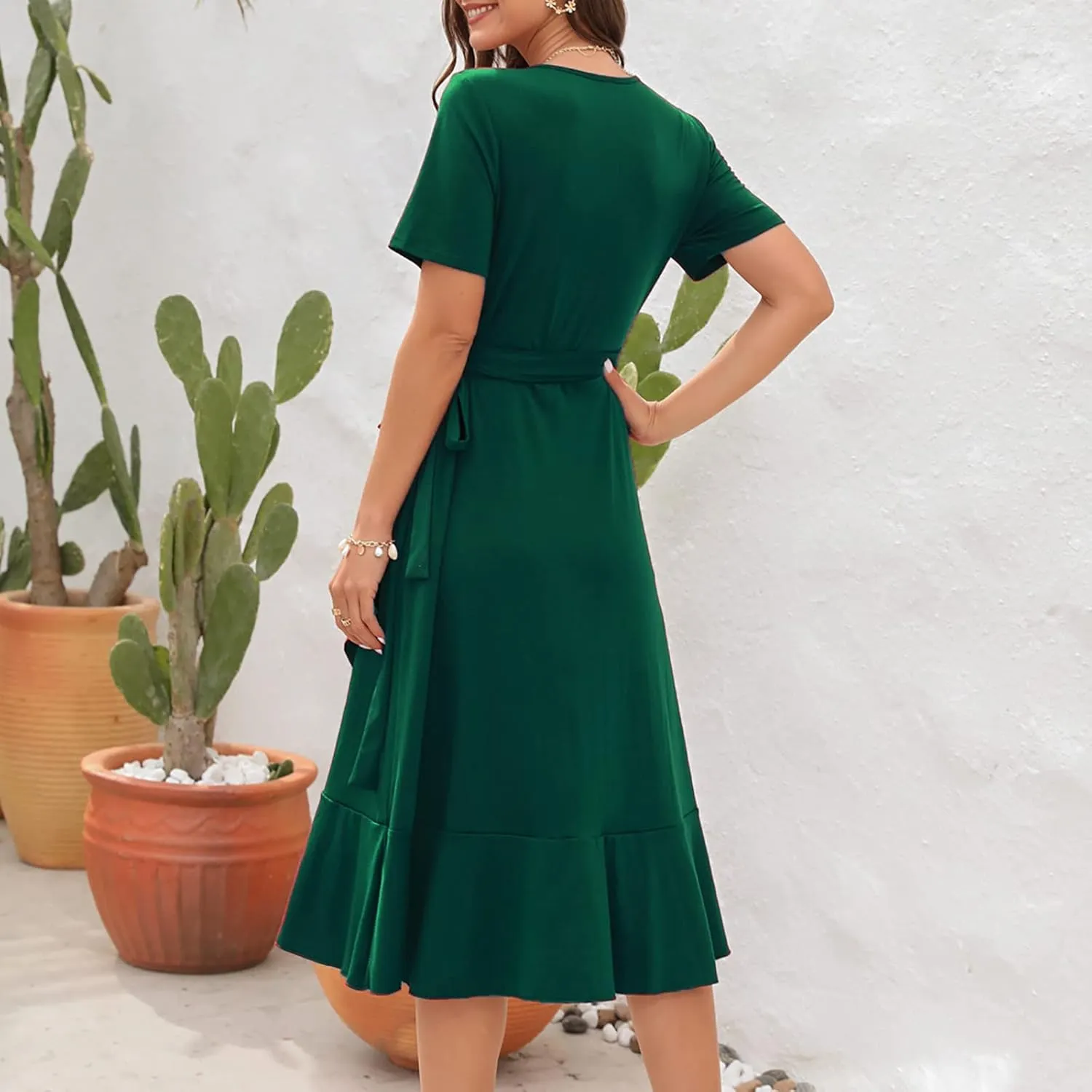 Aymnlox Summer Dresses for Women 2023 Trendy Short Sleeve Wrap V Neck Tie Waist Elegant Sexy Ruffle Solid Prom Midi Dress