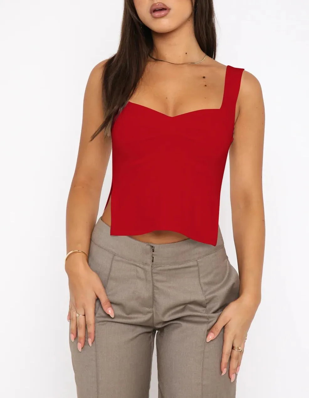 BAIGRAM Women’s Sleeveless Slim Crop Tank Top Sexy Pleated Bustier Sweetheart Neck Strappy Slits Cropped Vest Cami