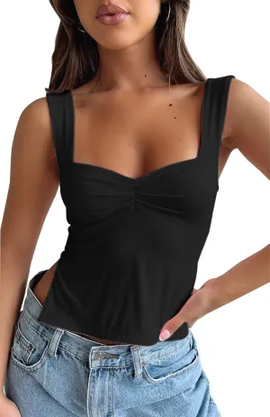 BAIGRAM Women’s Sleeveless Slim Crop Tank Top Sexy Pleated Bustier Sweetheart Neck Strappy Slits Cropped Vest Cami