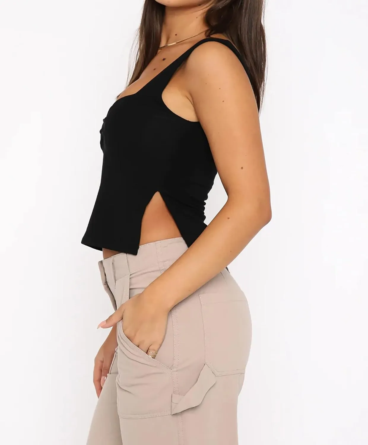 BAIGRAM Women’s Sleeveless Slim Crop Tank Top Sexy Pleated Bustier Sweetheart Neck Strappy Slits Cropped Vest Cami