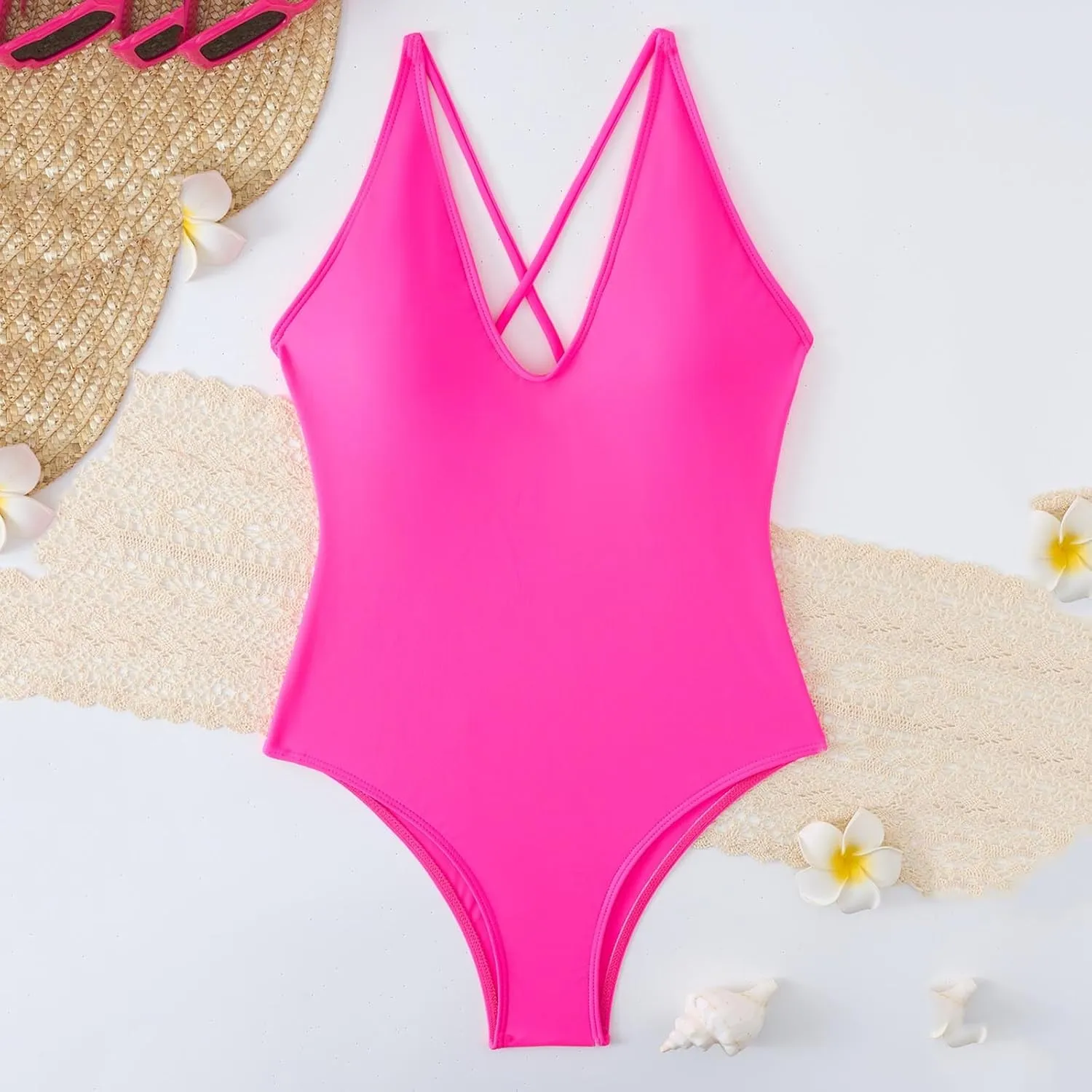 Bathing Suits Women One Piece V Neck Adjustable Straps Solid Swimwear Criss Cross Backless Tummy Control Swimsuit