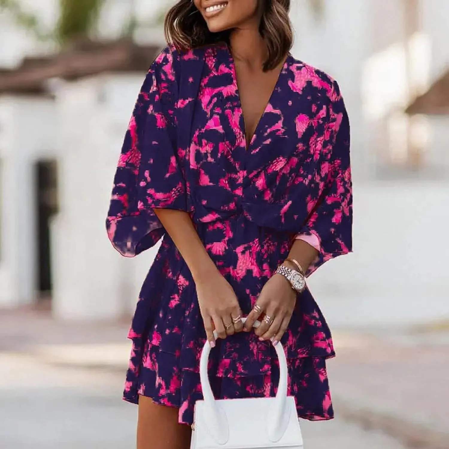 BAXLIMEK Beach Dresses for Women,2025 Elegant Deep V Neck Batwing Sleeve Mini Dress Flowy Ruched Tiered Print Vacation Dress