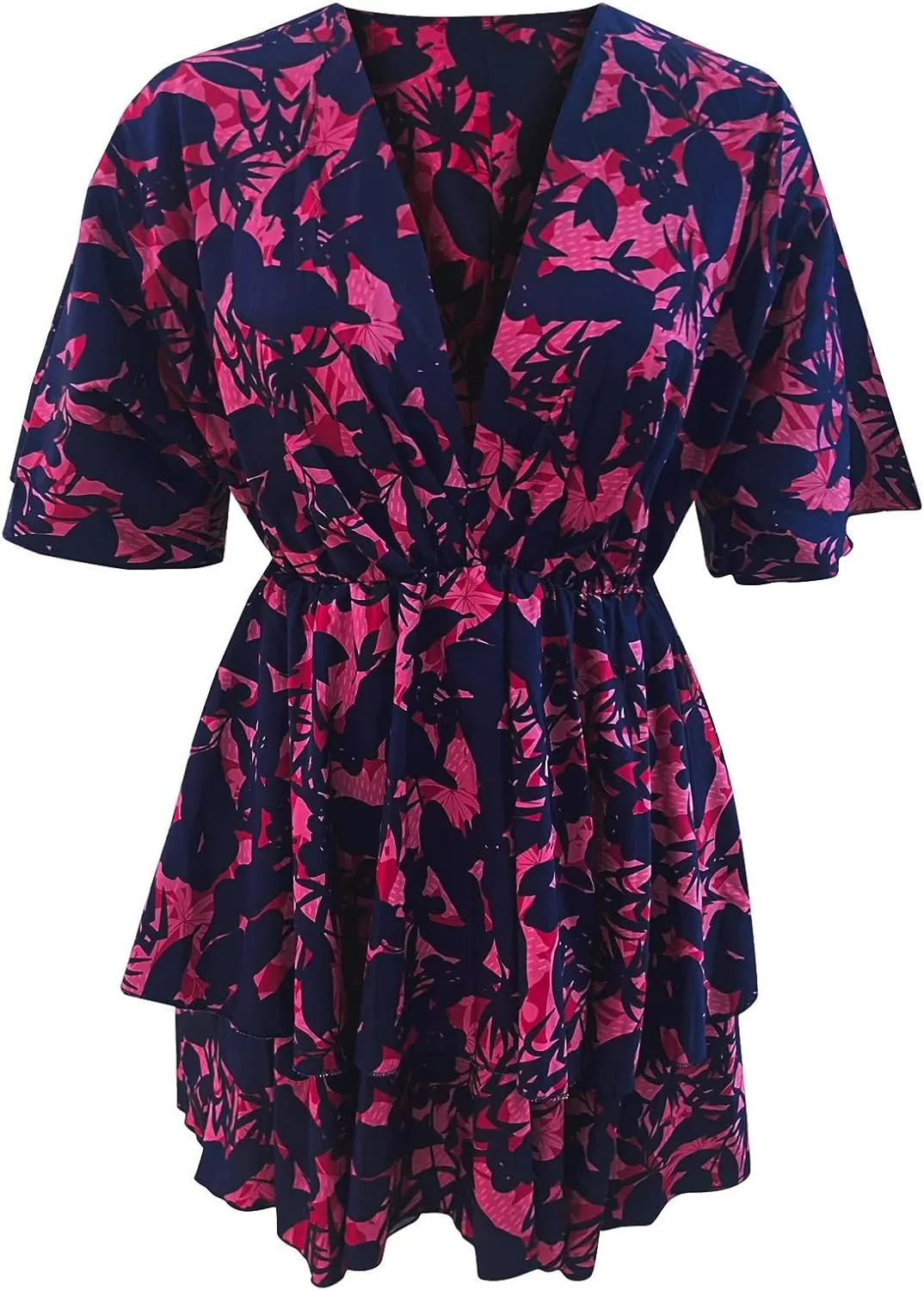 BAXLIMEK Beach Dresses for Women,2025 Elegant Deep V Neck Batwing Sleeve Mini Dress Flowy Ruched Tiered Print Vacation Dress
